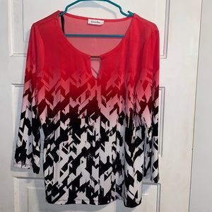 Calvin Klein Dressy Top. Black, White, and Red. Gold detail. Never Been Worn ✨